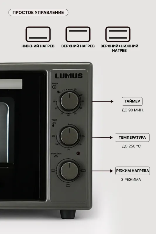 Мини-печь LUMUS LU-O03800G  (1600w /38л/внутр.подсветка)  серый — фото 3
