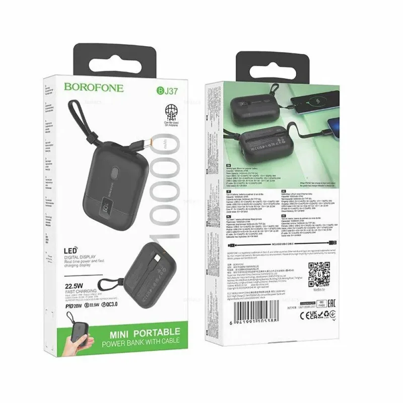 Мобильный аккумулятор BOROFONE BJ37 High, 10000mAh, PD20Вт, пластик,  кабель 8 pin , кабель Type-C, 3.0A, цвет: чёрный (1/48) (6941991105388) — фото 4