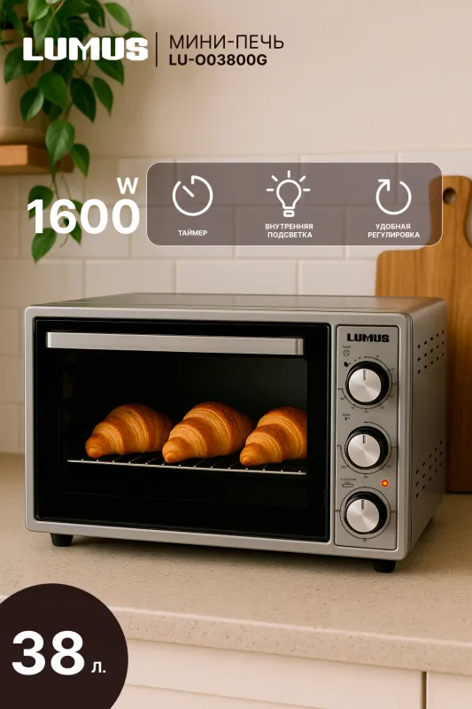 Мини-печь LUMUS LU-O03800G  (1600w /38л/внутр.подсветка)  серый — фото 1