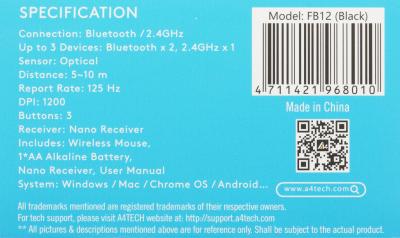 Мышь A4Tech Fstyler FB12 черный оптическая (1200dpi) беспроводная BT/Radio USB (3but) (FB12 BLACK) — фото 14