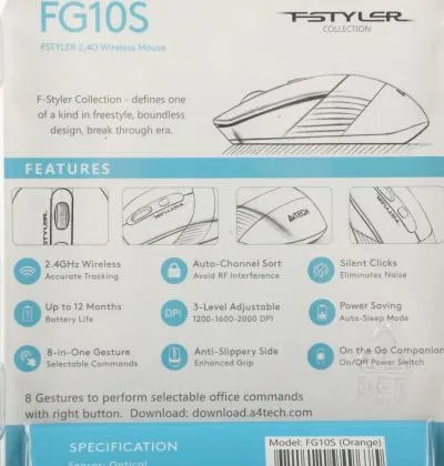 Мышь A4Tech Fstyler FG10S черный/оранжевый оптическая (2000dpi) silent беспроводная USB (4but) — фото 11