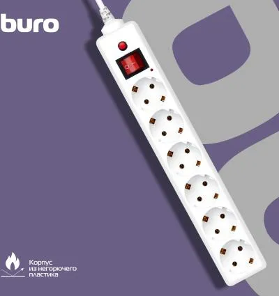 Сетевой фильтр BURO 600SH-16-1.8-W 1.8м (6 розеток) белый (коробка) — фото 10