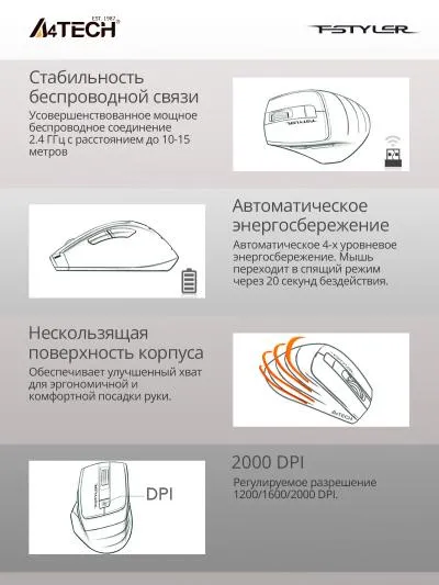 Мышь A4Tech Fstyler FG30S белый/серый оптическая (2000dpi) silent беспроводная USB (6but) — фото 4