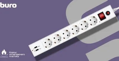 Сетевой фильтр BURO BU-SP1.8_USB_2A-W 1.8м (6 розеток) белый (коробка) — фото 16