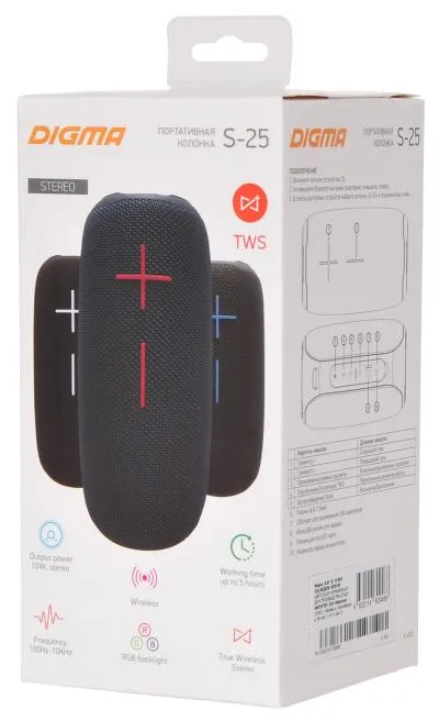 Портативная колонка DIGMA S-25 черный 10W 1.0 BT/3.5Jack/USB 2400mAh (SP2510B) — фото 12