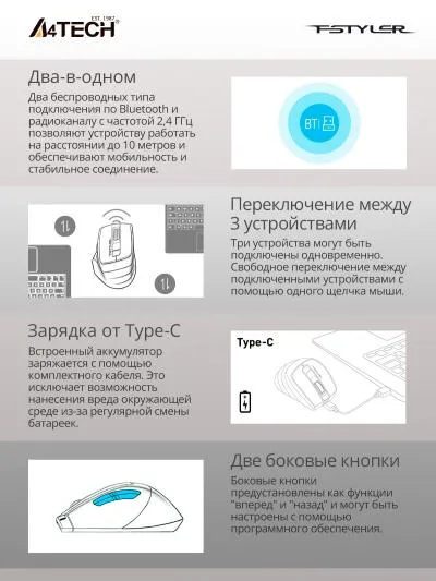 Мышь A4Tech Fstyler FB35C белый оптическая (2000dpi) беспроводная BT/Radio USB (6but) (FB35C ICY WHITE) — фото 4