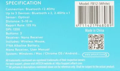 Мышь A4Tech Fstyler FB12 белый оптическая (1200dpi) беспроводная BT/Radio USB (3but) (FB12 WHITE) — фото 19