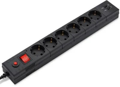 Сетевой фильтр BURO BU-SP3_USB_2A-B 3м (6 розеток) черный (коробка) — фото 1