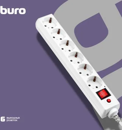 Сетевой фильтр BURO 600SH-16-1.8-W 1.8м (6 розеток) белый (коробка) — фото 8