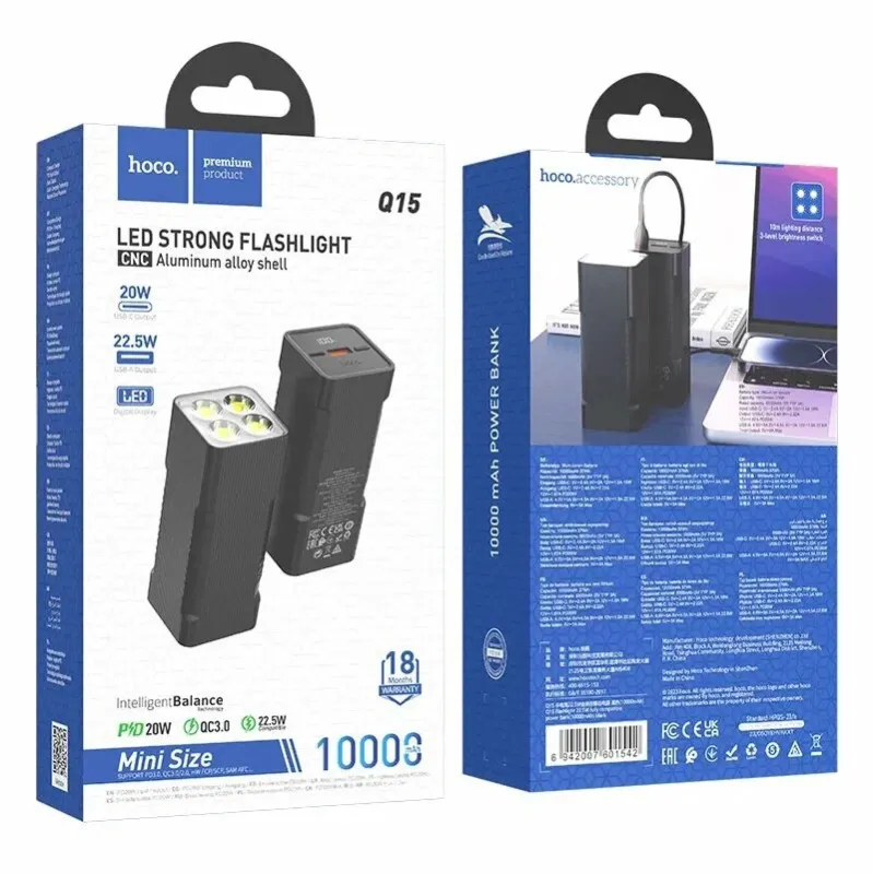 Мобильный аккумулятор HOCO Q15 Flashlight, 10000mAh, LED, PD3.0, QC3.0, 1 USB выход, 1 Type-C, 3,0А, цвет: серый (1/23) 6942007601559 — фото 4