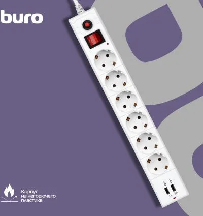 Сетевой фильтр BURO BU-SP1.8_USB_2A-W 1.8м (6 розеток) белый (коробка) — фото 17