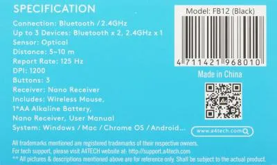 Мышь A4Tech Fstyler FB12 черный оптическая (1200dpi) беспроводная BT/Radio USB (3but) (FB12 BLACK) — фото 14