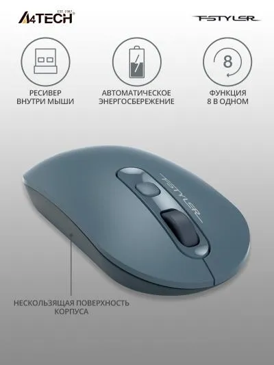 Мышь A4Tech Fstyler FG20 пепельный/синий оптическая (2000dpi) беспроводная USB для ноутбука (4but) — фото 3