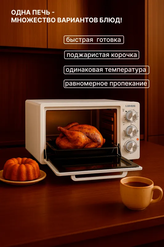 Мини-печь LUMUS LU-O03800W  (1600w /38л/внутр.подсветка)  белый — фото 5
