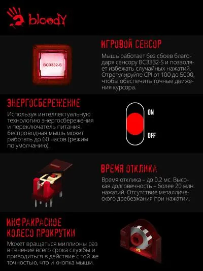 Мышь A4Tech Bloody R80 Plus Skull черный/рисунок оптическая (5000dpi) беспроводная USB (7but) (R80 PLUS (SKULL)) — фото 6