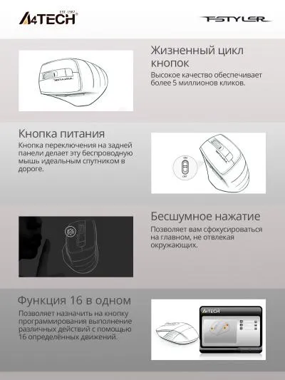 Мышь A4Tech Fstyler FG30S белый/серый оптическая (2000dpi) silent беспроводная USB (6but) — фото 5