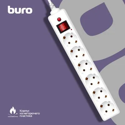 Сетевой фильтр BURO 600SH-16-3-W 3м (6 розеток) белый (коробка) — фото 6