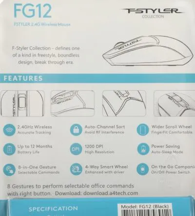 Мышь A4Tech Fstyler FG12 черный оптическая (1200dpi) беспроводная USB (3but) — фото 13
