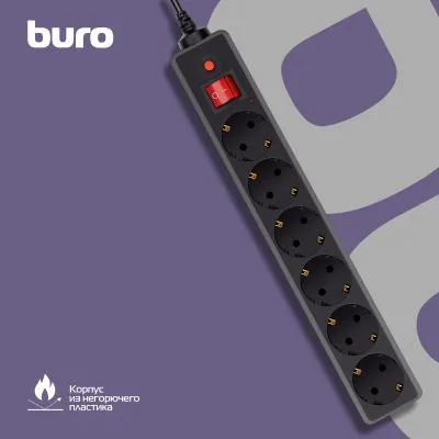 Сетевой фильтр BURO 600SH-16-5-B 5м (6 розеток) черный (коробка) — фото 6